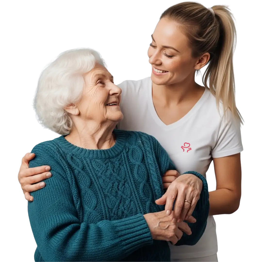 Daheim Pflegedienst – Image 08 Daheim Pflegedienst - Pflegerin unterstützt Pflegebedürftige Person
